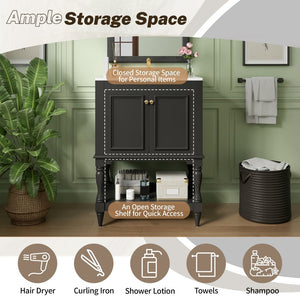 English Elm 24'' French Style Bathroom Vanity with Ceramic Sink Soft Close Cabinet and Drawer Black N710P411341B
