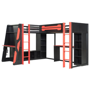English Elm L-shaped Gaming Loft Bunk Bed Twin Wood Frame Rgb Lighting Usb Ports Storage Shelves Red LT000295AAR