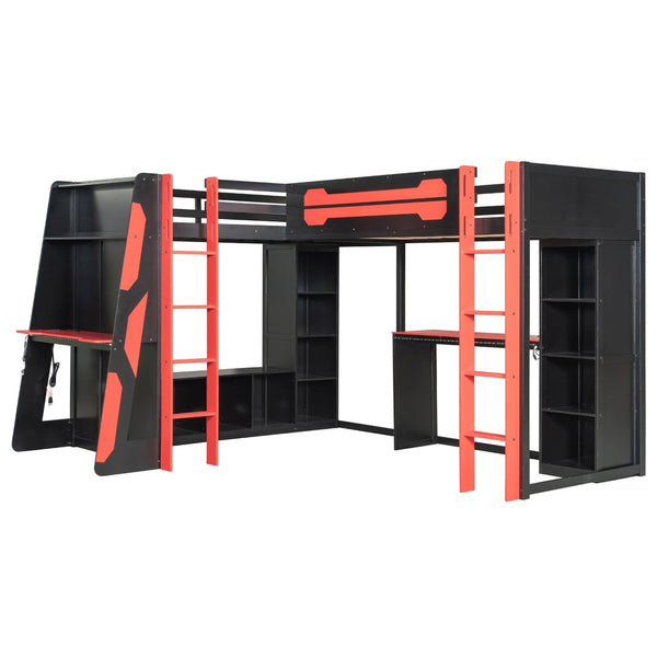 English Elm L-shaped Gaming Loft Bunk Bed Twin Wood Frame Rgb Lighting Usb Ports Storage Shelves Red LT000295AAR