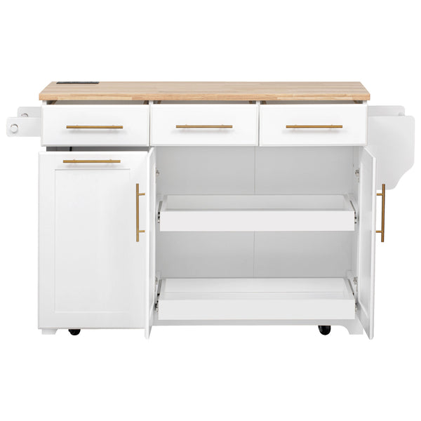 English Elm K&K Vintage Kitchen Island with Rubberwood Top, Hidden Wheels, Pull-Out Trash & Charging Station White N707P299014W