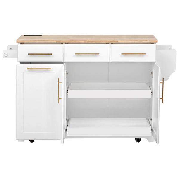 English Elm K&k Rolling Kitchen Island Rubber Wood Top Brass Hardware Built-in Outlets Storage White N707S299014W