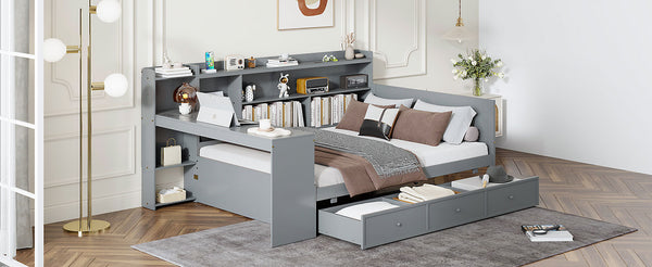 English Elm Full Size Wooden Daybed With 3 Storage Drawers, Built-In Desk & Usb Ports – Gray, Space-Saving Design N820S00018E