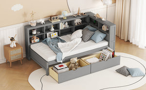 English Elm Wooden Twin Daybed with 2 Drawers, Built-In USB Charging & Double Shelf Storage, Pine Frame Durable Grey 42.91 L x 16.73 W x 6.69 H N733S170510E