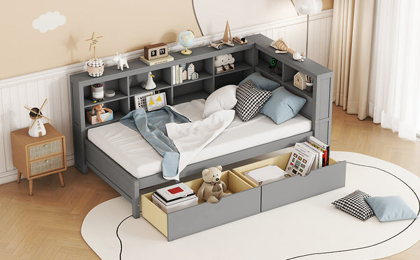 English Elm Wooden Twin Daybed with 2 Drawers, Built-In USB Charging & Double Shelf Storage, Pine Frame Durable Grey 42.91 L x 16.73 W x 6.69 H N733S170510E