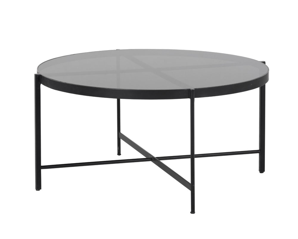 Sunpan WILLEM Coffee Table - Round Smoked Glass Top on Matte Black Frame for Stylish Modern Living Spaces 104131