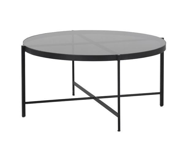 Sunpan WILLEM Coffee Table - Round Smoked Glass Top on Matte Black Frame for Stylish Modern Living Spaces 104131