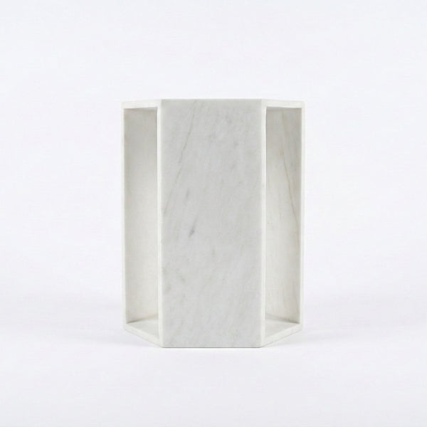 English Elm Genuine Solid Marble Hexagonal Pedestal End Table Polished Stone for Modern Living White W1696P407996