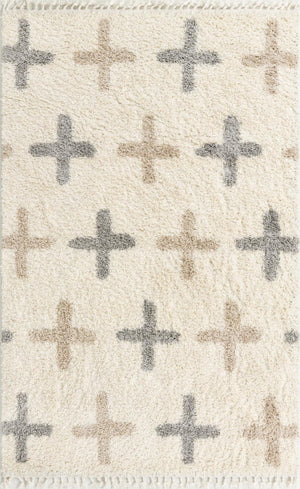 Unique Loom Hygge Shag Positive Machine Made Geometric Rug Ivory, Beige/Gray 5' 1" x 8' 0"