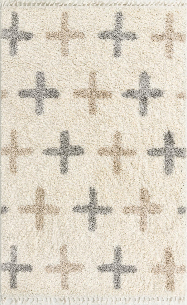 Unique Loom Hygge Shag Positive Machine Made Geometric Rug Ivory, Beige/Gray 5' 1" x 8' 0"