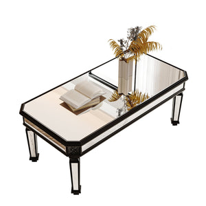 English Elm Silver Mirrored Coffee Table with Vintage Carved Accents, Rectangular Glass Top, Elegant Centerpiece, Durable & Easy-Clean Finish W1445P299191
