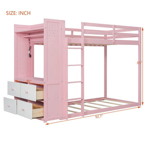 English Elm Twin Bunk Bed with Storage Drawers Hanging Rail Led Shelves and Pegboard Organizer Pink LT000282AAH