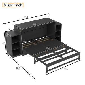 English Elm Queen Murphy Wall Bed with Open Shelves and Drawers for Guest or Office Rooms Dark Gray W5316S00009