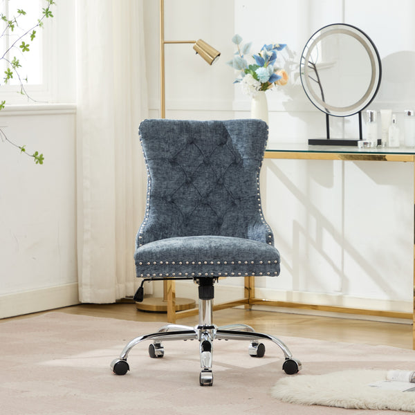 English Elm A&A Elegant Chenille Tufted Office Chair with Hand-Pulled Buttons, Nailhead Trim & Gold Chrome Base Light Blue W1143P366774