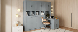 English Elm Twin Murphy Wall Bed with Integrated Closet Drawers and Desk for Studio Spaces Gray LP000595AAE-1