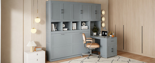 English Elm Twin Murphy Wall Bed with Integrated Closet Drawers and Desk for Studio Spaces Gray LP000595AAE-1