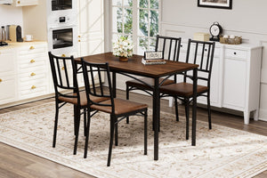 English Elm Dining Set for Four with Steel Frame Chairs and Particleboard Top Industrial Kitchen Walnut W1162P430310