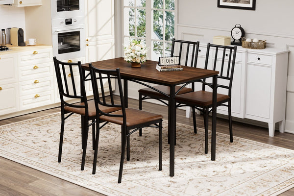 English Elm Dining Set for Four with Steel Frame Chairs and Particleboard Top Industrial Kitchen Walnut W1162P430310