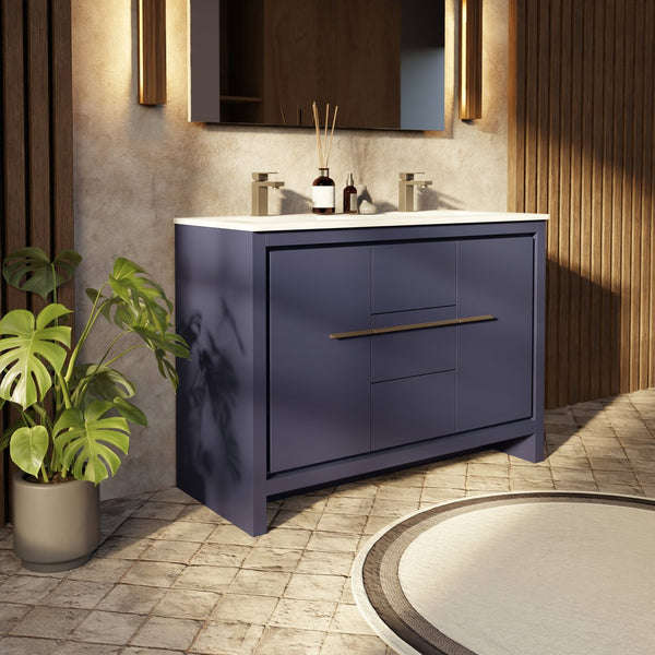 English Elm Navy Blue Double Vanity With White Quartz Top & Gun Metal Faucet - Stylish Storage For Your Bath B2731P259391