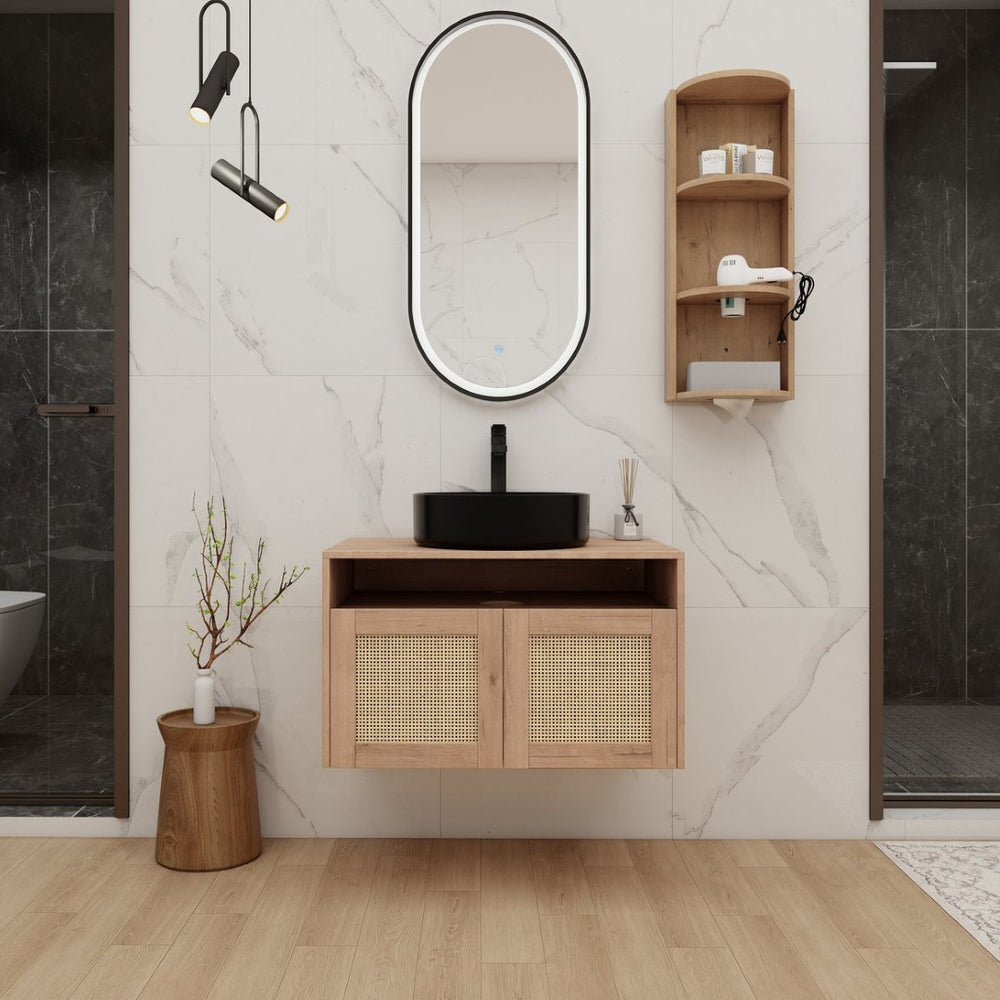 English Elm 30" Floating Bathroom Vanity Oak Finish Ceramic Vessel Sink Soft Close Plywood Cabinet W999S00502