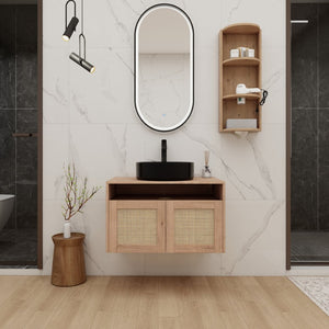 English Elm 30" Floating Bathroom Vanity Oak Finish Ceramic Vessel Sink Soft Close Plywood Cabinet W999S00502