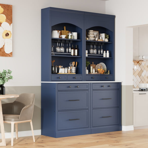 English Elm Modern Tall Kitchen Pantry Set of Two with Faux Marble Top and Glass Holders Blue SP000175AAC