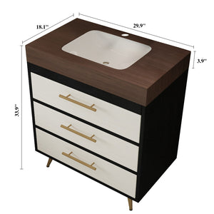 English Elm Modern Freestanding Bathroom Vanity with Vessel Sink Sintered Stone Gold Legs W3136S00047