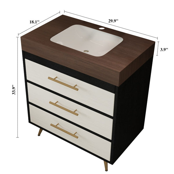 English Elm Modern Freestanding Bathroom Vanity with Vessel Sink Sintered Stone Gold Legs W3136S00047