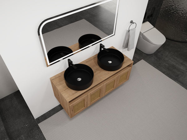 English Elm 48" Modern Wall-Mounted Bathroom Vanity With Black Ceramic Art Sink & Soft-Close Doors, Plywood W999S00400