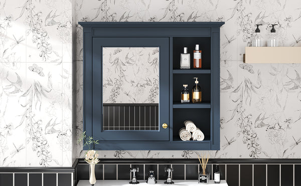 English Elm 30'' Modern Medicine Cabinet Wall Mirror with Hidden Storage and Adjustable Open Shelves for Bath Blue WF318452AAC