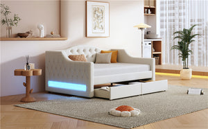 English Elm Upholstered Twin XL Daybed with LED Belt and Two Underbed Drawers, Linen Backrest, Modern Storage Elegance Beige DL002060AAA