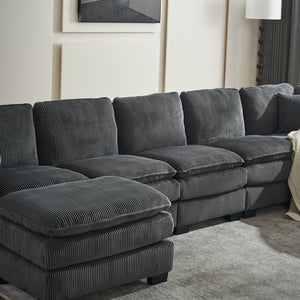 English Elm Modern U Shaped 6-Seat Sectional Sofa with Ottoman and 3 Toss Pillows, Corduroy Modular Comfort and Durable Frame Grey W2363S00041