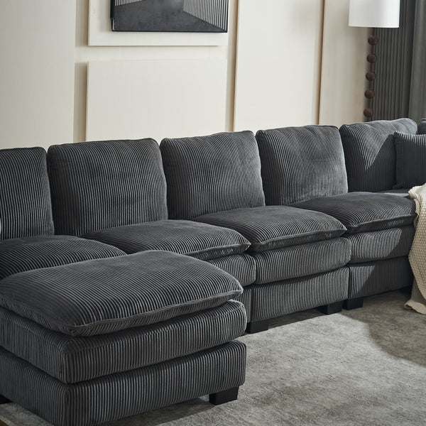English Elm Modern U Shaped 6-Seat Sectional Sofa with Ottoman and 3 Toss Pillows, Corduroy Modular Comfort and Durable Frame Grey W2363S00041