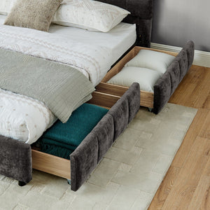English Elm California King Platform Bed Chenille Upholstered Frame with Storage Drawers Modern Dark Gray W487S00421