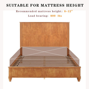 English Elm Solid Rubberwood Queen Platform Bed Tall Headboard Natural Grain No Box Spring W1716S00030