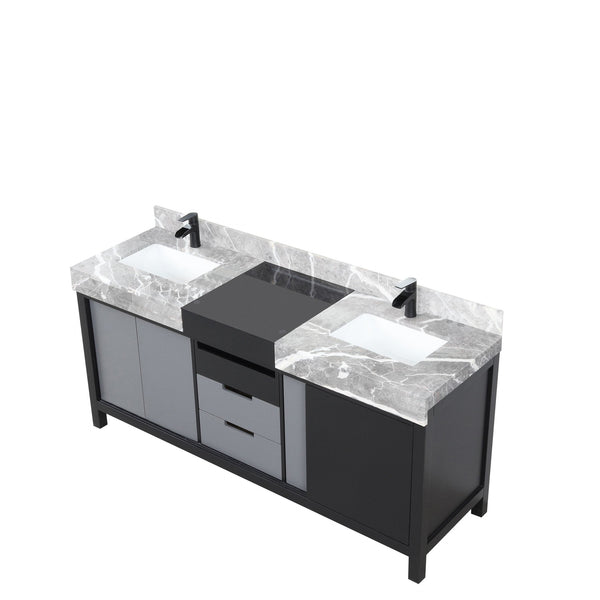 English Elm Black Double Bath Vanity 72" W With Castle Grey Marble Top & Matte Black Faucet – Elegant Storage Solution B2731P261115