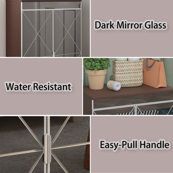 English Elm Elegant Mirrored Cabinet with Frosted Glass Carvings, Vertical Shoe Storage, Silver Handles 49x16x8" W760P196538