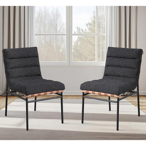 English Elm Set Of 2 Modern Black Boucle Dining Chairs With Iron Legs & Cognac Leather Accents For Cozy Dining B016P392716-GIGA