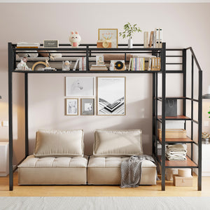English Elm Twin Metal Loft Bed with Upper Grid Storage Shelf and 4-Layer Ladder Shelves for Space Saving Black SF100081AAB