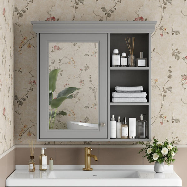 English Elm 30'' Wall Mount Bathroom Cabinet with Mirror Soft Close Door and Adjustable Shelf Gray N710P209425E
