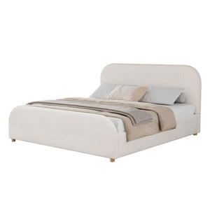 English Elm King Upholstered Bed Curved Linen Headboard Solid Wood Legs Transitional Bedroom N757K427673I