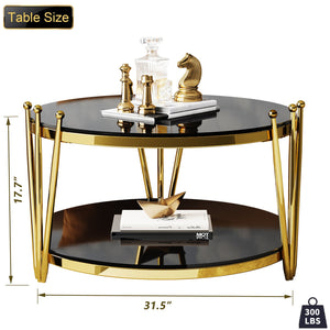 English Elm 31.5inch Modern Luxury Gold Coffee Table with Two-Tier Storage, Tempered Glass Top, Elegant Crown Design Black W1550P171454