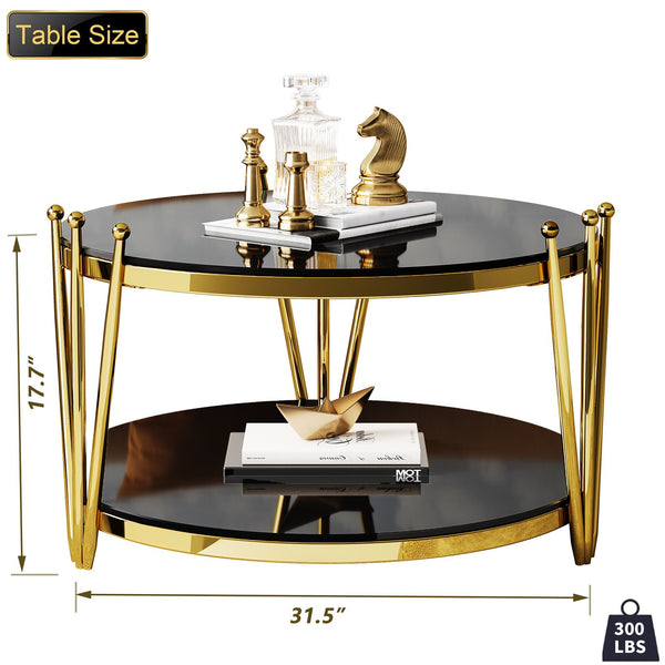 English Elm 31.5inch Modern Luxury Gold Coffee Table with Two-Tier Storage, Tempered Glass Top, Elegant Crown Design Black W1550P171454