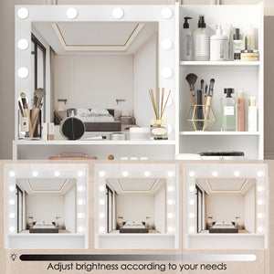 English Elm Vanity LED Mirror Dressing Table with 12 Bulbs, Adjustable 3-Mode Brightness and Large Drawer Storage White W3457P336676
