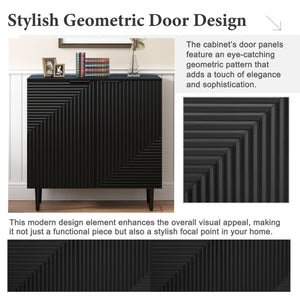 English Elm Mirod Lacquered Side Cabinet Geometric Door Panels Metal Legs Adjustable Interior Shelves Black N760P221050B