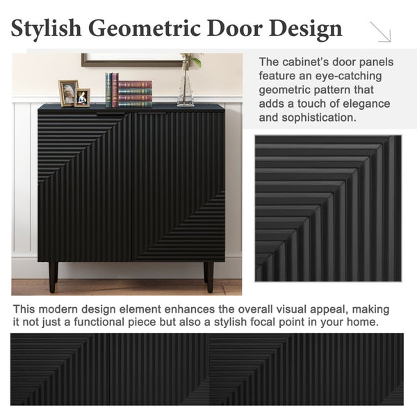 English Elm Mirod Lacquered Side Cabinet Geometric Door Panels Metal Legs Adjustable Interior Shelves Black N760P221050B