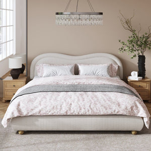 English Elm Queen Chenille Upholstered Bed Curved Headboard Oak Legs Wooden Slat Platform Frame W1716P387789