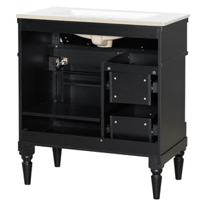English Elm 30" Freestanding Bathroom Vanity Rubberwood Frame Ceramic Sink Flip Drawer Storage Black N725P356062B