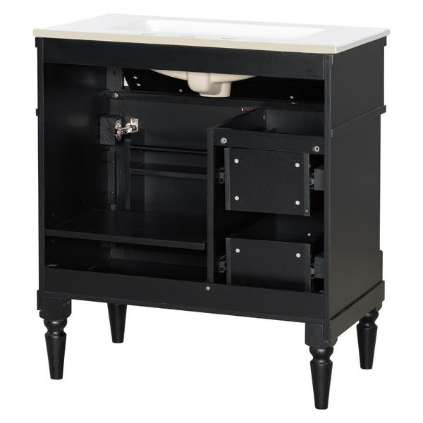 English Elm 30" Freestanding Bathroom Vanity Rubberwood Frame Ceramic Sink Flip Drawer Storage Black N725P356062B
