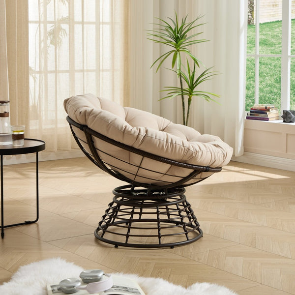 English Elm Comfortable Woven Pe Rattan Papasan Swivel Chair with Plush Cushion for Any Room W640P443549