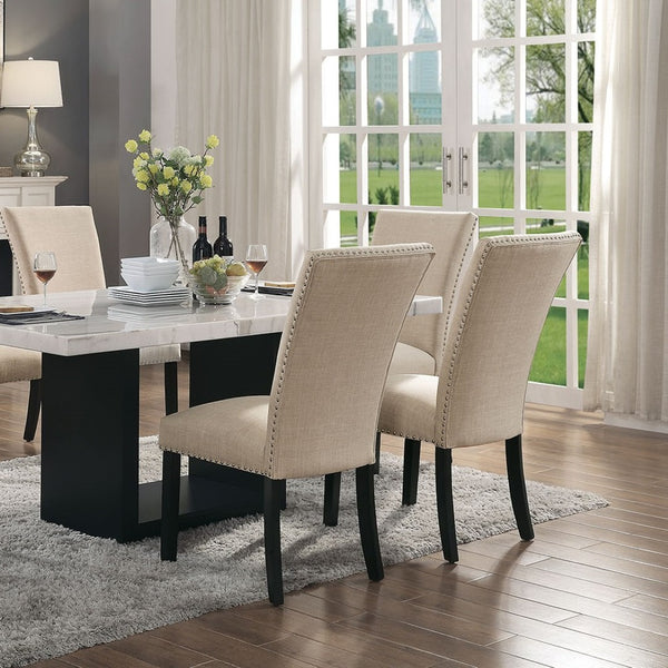 English Elm Gorgeous Marble Top 7 Piece Dining Set with Nailhead Upholstered Chairs Dark Wood Base Beige,Black,White B2741S00764